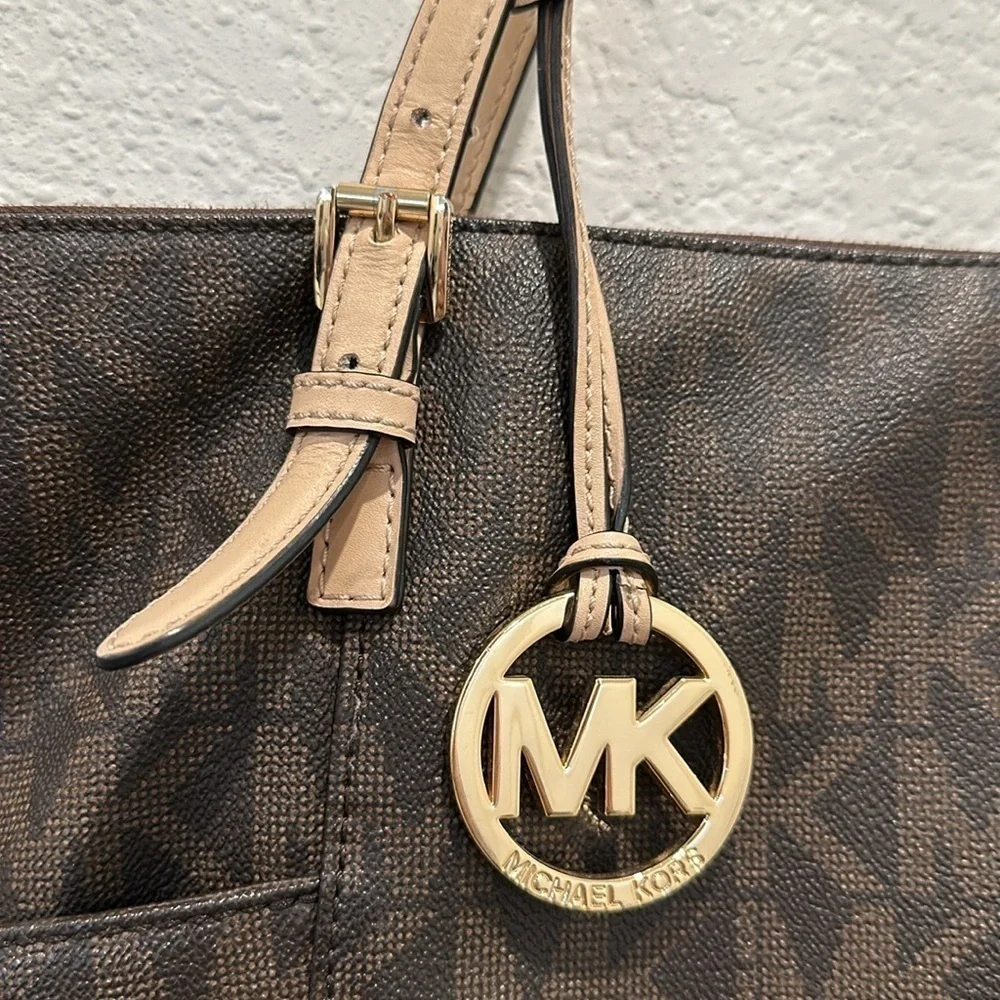 MICHAEL Michael Kors Brown Signature Coated Leather Jet Set East West Tote